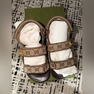 Gucci Beige Brown GG Canvas Double Strap Sandals with Gold Hardware